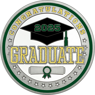 Gold "Congratulations Graduate" with Dark Green 2025, Rim, Tassel & Ribbon